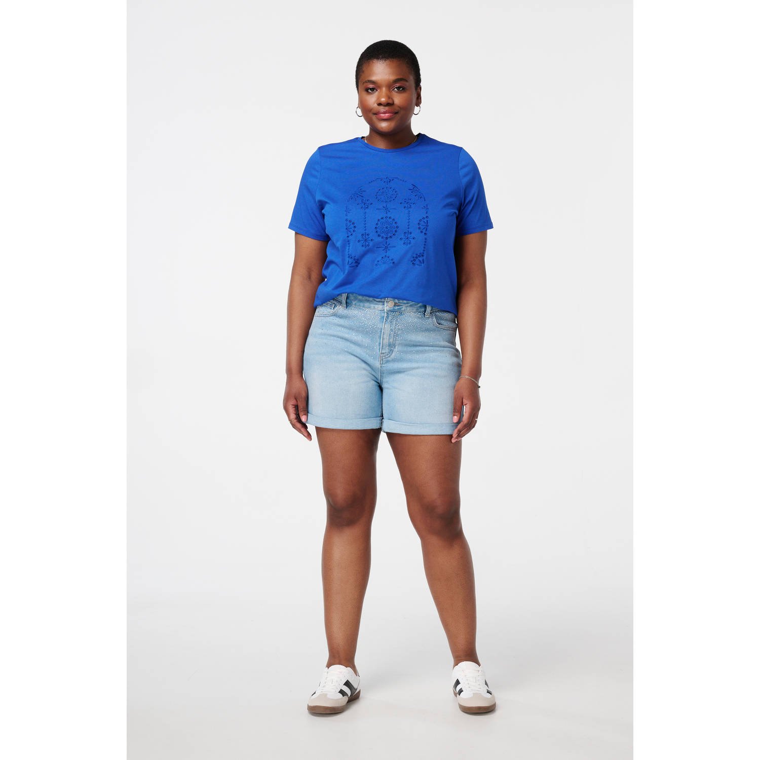 MS Mode T-shirt blauw broderie