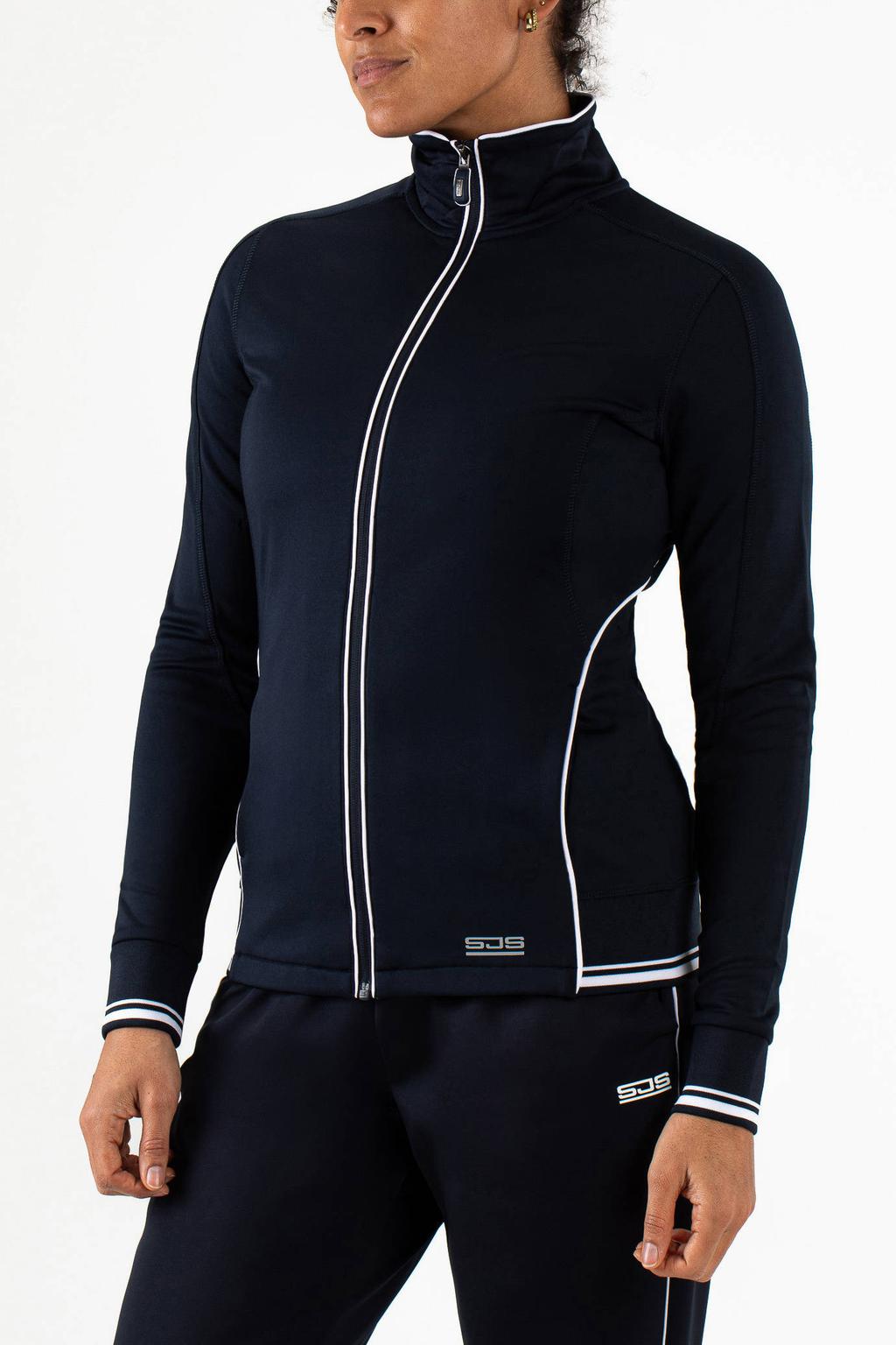 Donkerblauwe dames Sjeng Sports sportvest Suri van polyester met lange mouwen en opstaande kraag