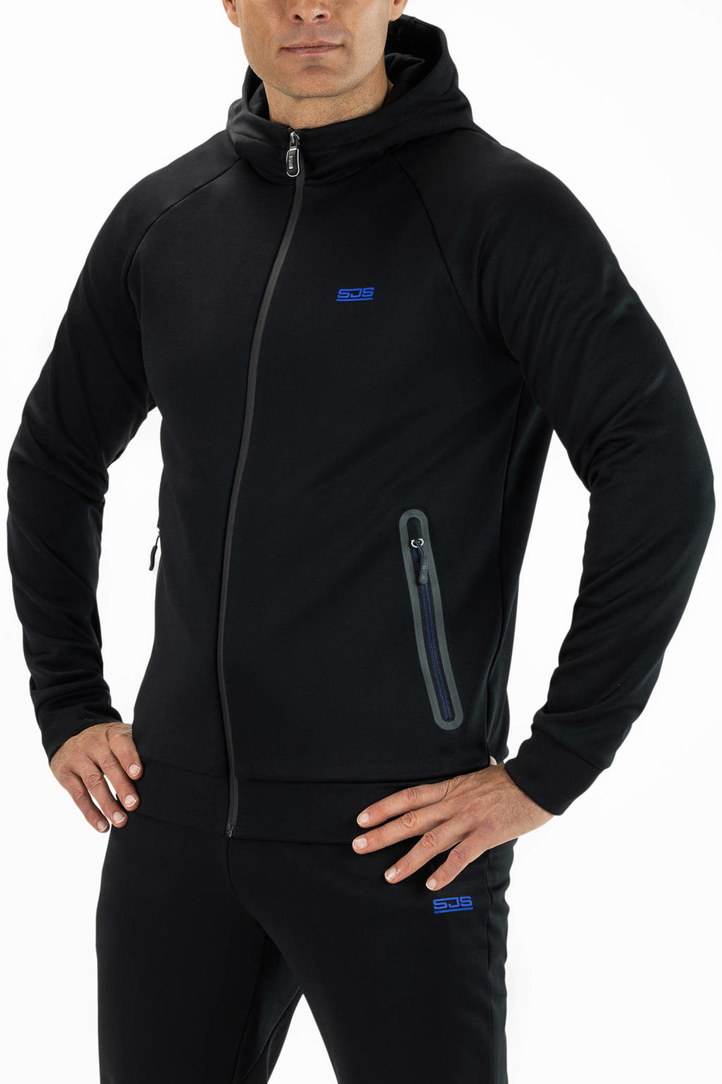 Zwarte heren Sjeng Sports trainingsjack Magna van polyester met effen, lange mouwen en capuchon