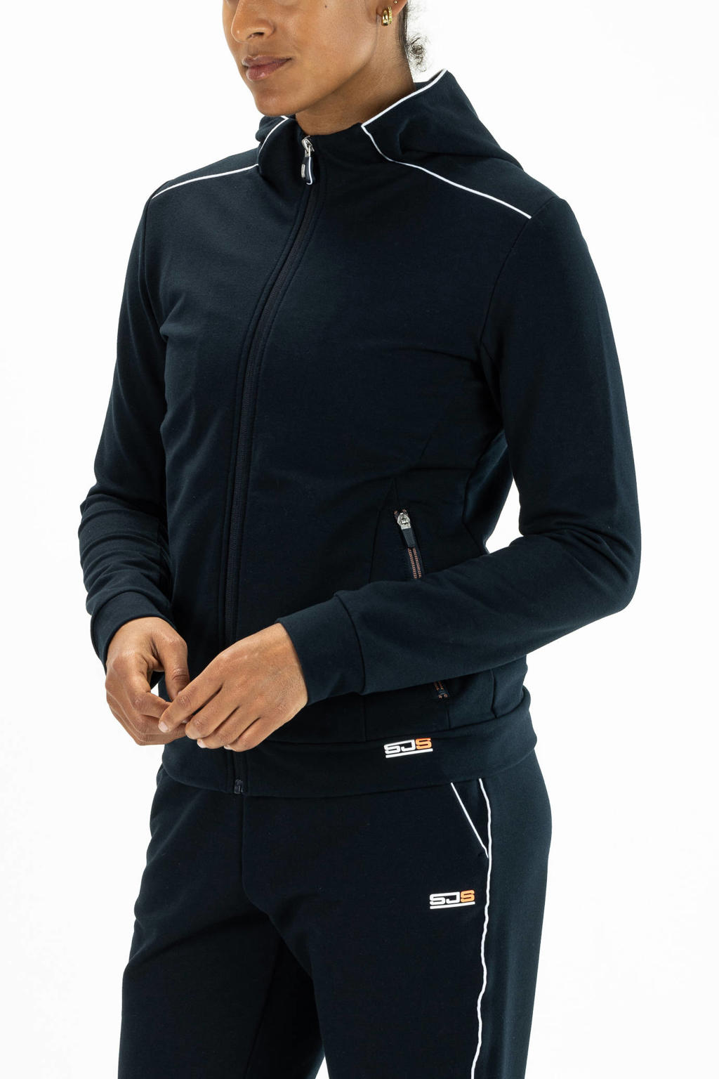 Donkerblauwe dames Sjeng Sports trainingsjack Federica van polyester met effen, lange mouwen en capuchon