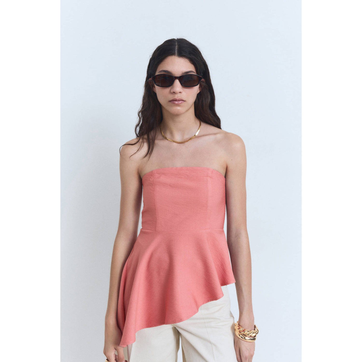 Mango strapless top koraalrood