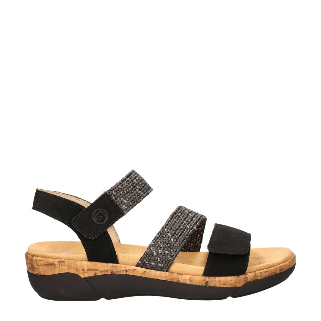 Zwarte dames Remonte sandalen van imitatieleer met sleehak en klittenband