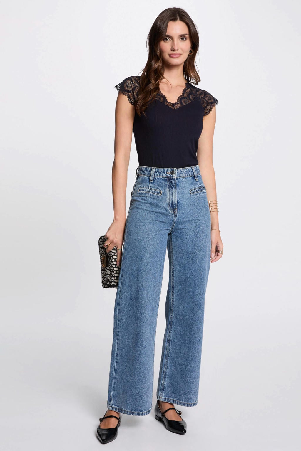 Marineblauw dames Morgan kanten top blauw met effen, korte mouwen en V-hals