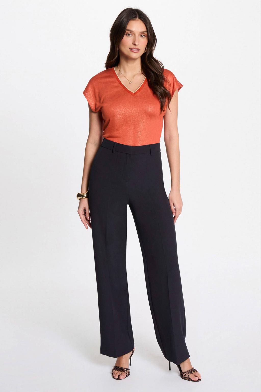Marineblauw dames Morgan straight high waist pantalon blauw van polyester met rits- en haaksluiting en effen