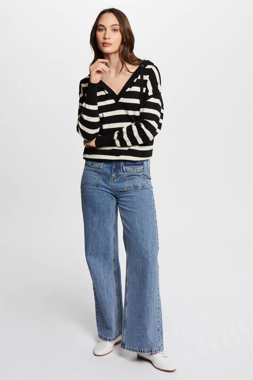 Zwart en witte dames Morgan pullover van viscose met strepenprint, lange mouwen en capuchon