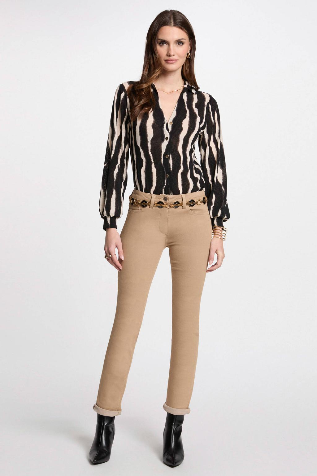 Camelkleurige dames Morgan slim regular waist broek van stretchkatoen met effen