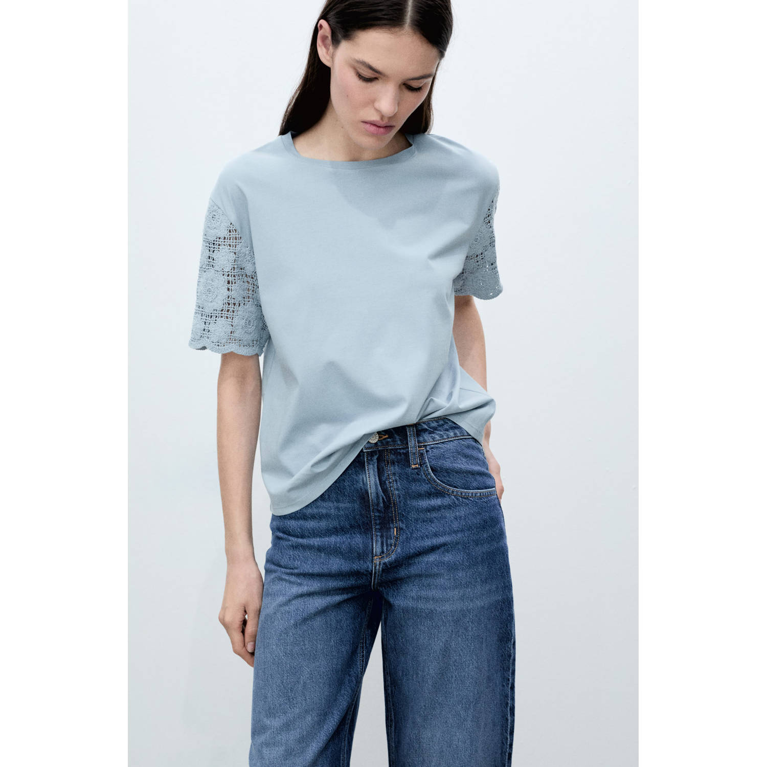 Mango T-shirt grijsblauw crochet
