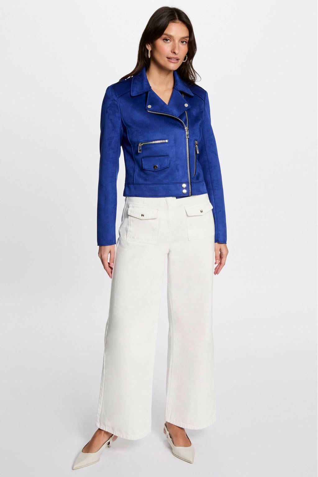 Blauwe dames Morgan suede bikerjack met effen, lange mouwen, reverskraag, ritssluiting en epauletten