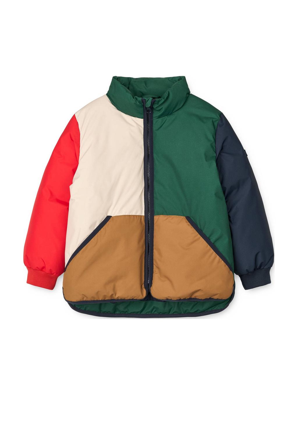 Rood, beige en groene jongens Liewood gewatteerde jas van polyester met lange mouwen, opstaande kraag en ritssluiting