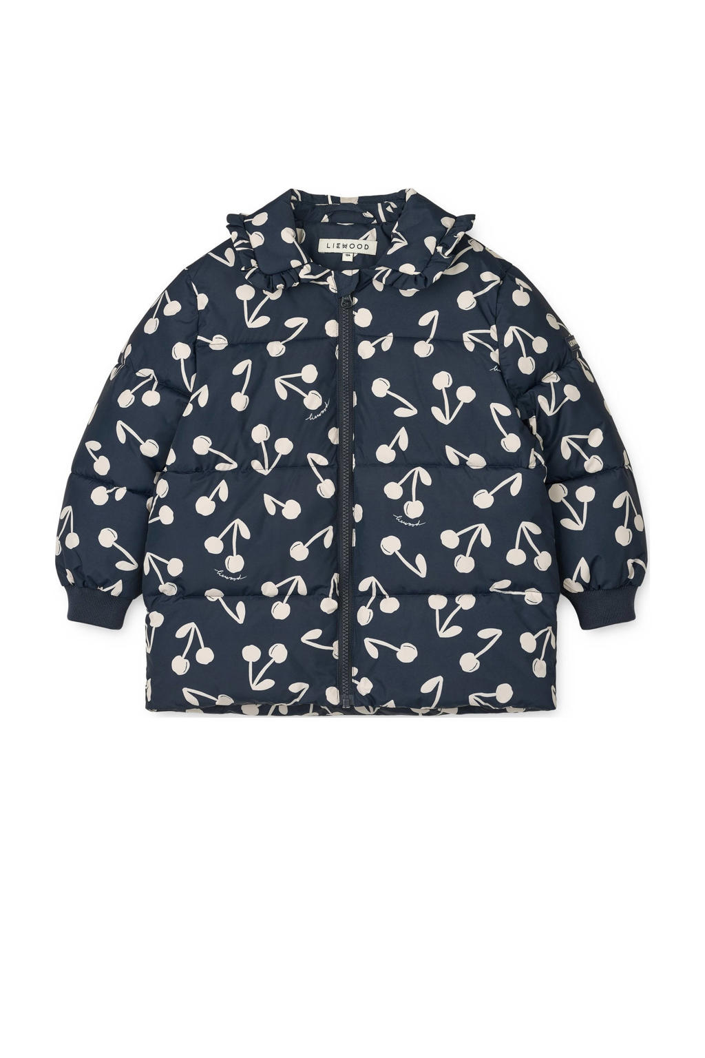 Blauwe meisjes Liewood gewatteerde jas van polyester met lange mouwen, ritssluiting en ruches