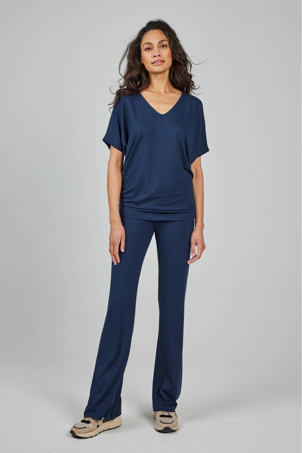 Donkerblauwe dames Didi flared regular waist broek van viscose met elastische tailleband en effen