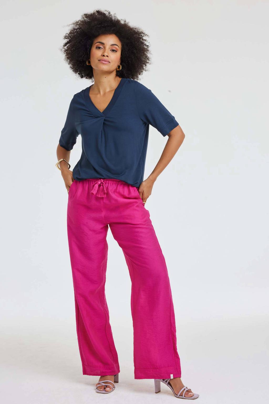 Donkerblauwe dames Didi T-shirt van viscose met effen, korte mouwen en ronde hals