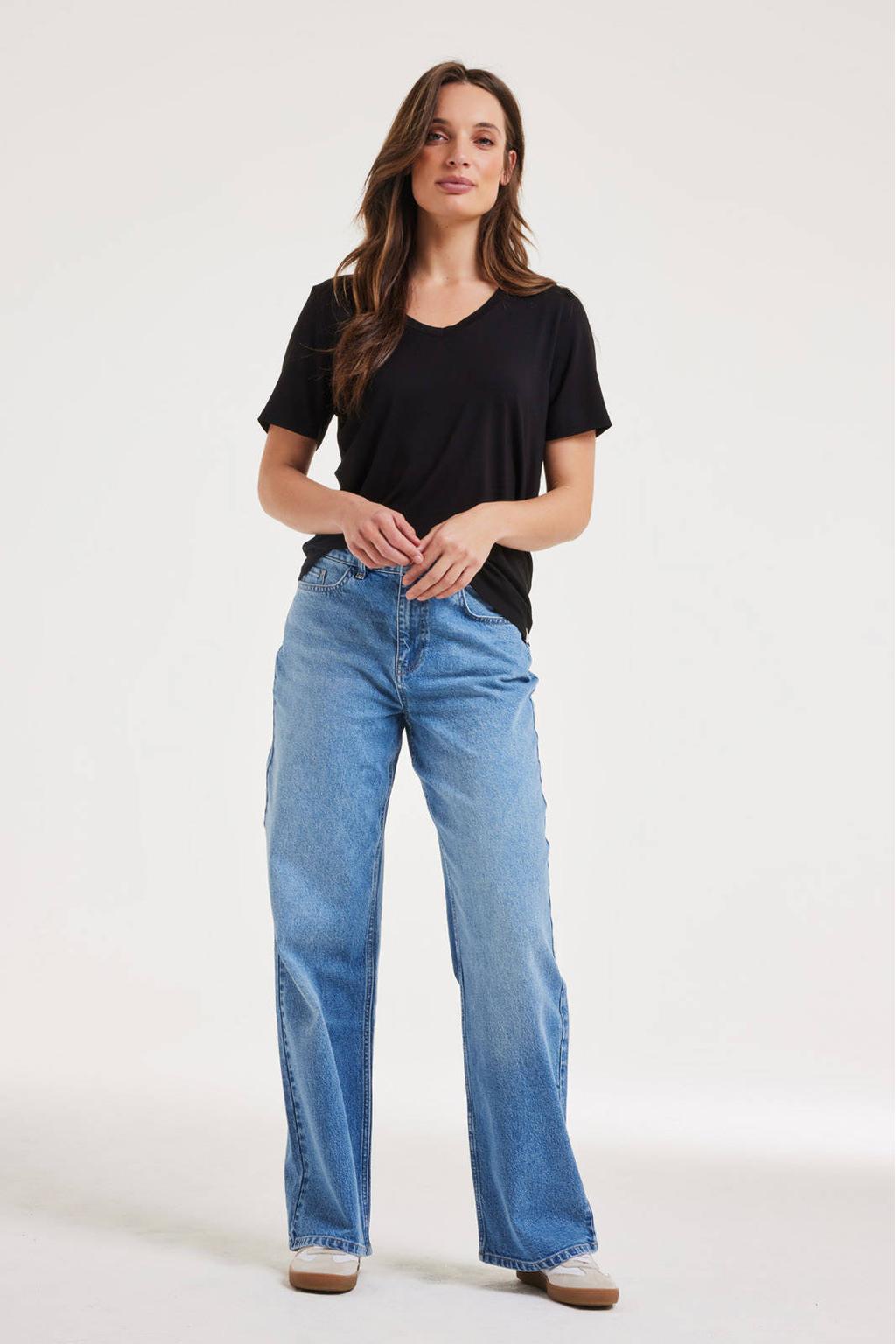 Zwarte dames Didi T-shirt van viscose met effen, korte mouwen en ronde hals