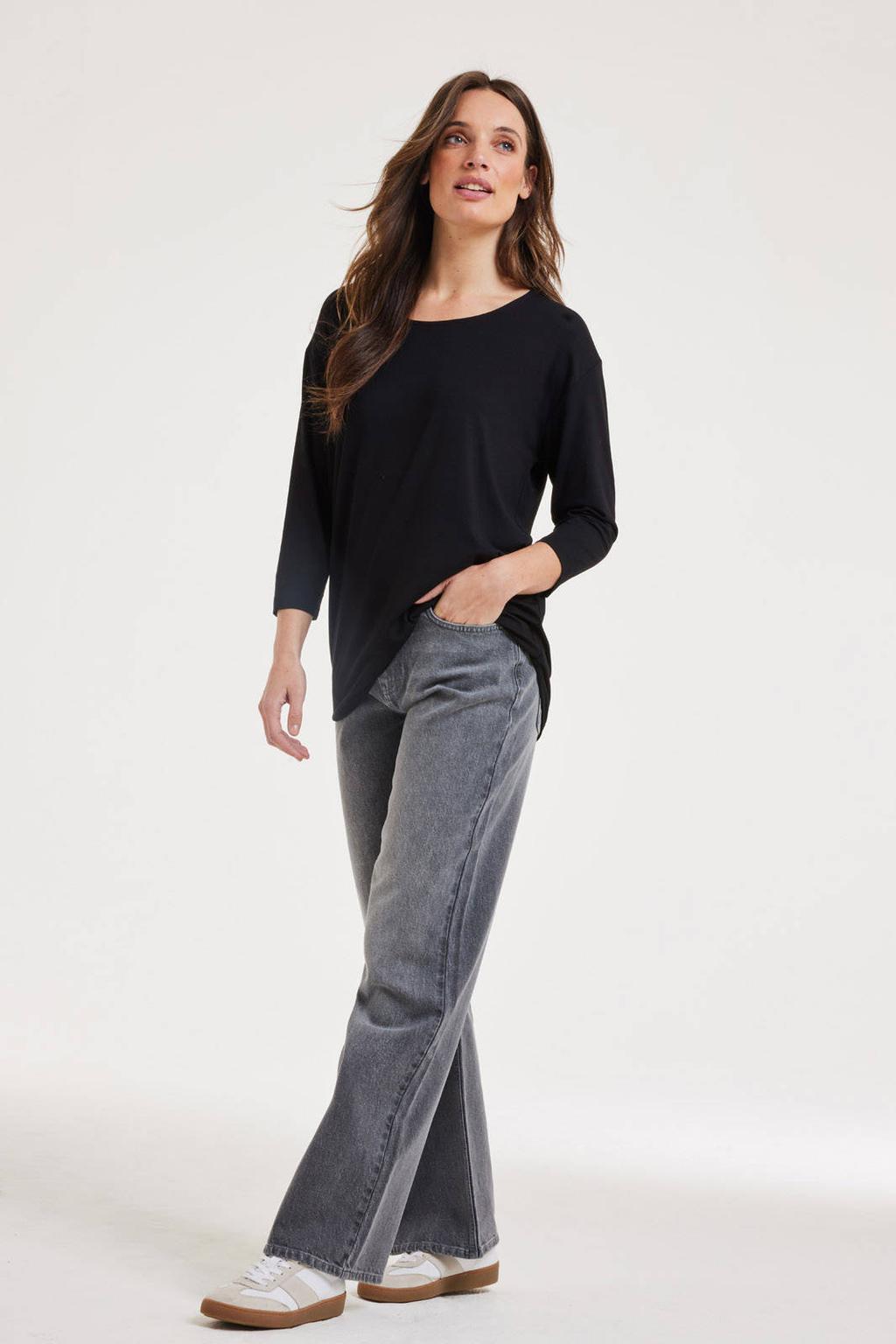 Zwarte dames Didi pullover van viscose met effen, driekwart mouwen en ronde hals