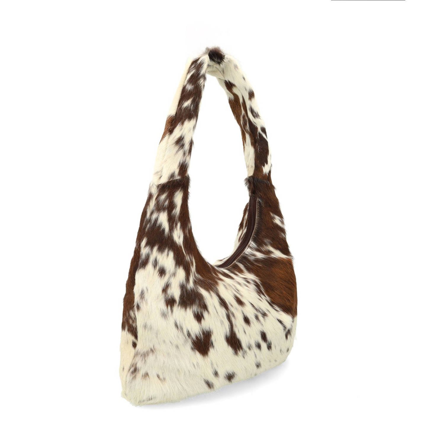 Manfield leren schoudertas met koeienprint bruin