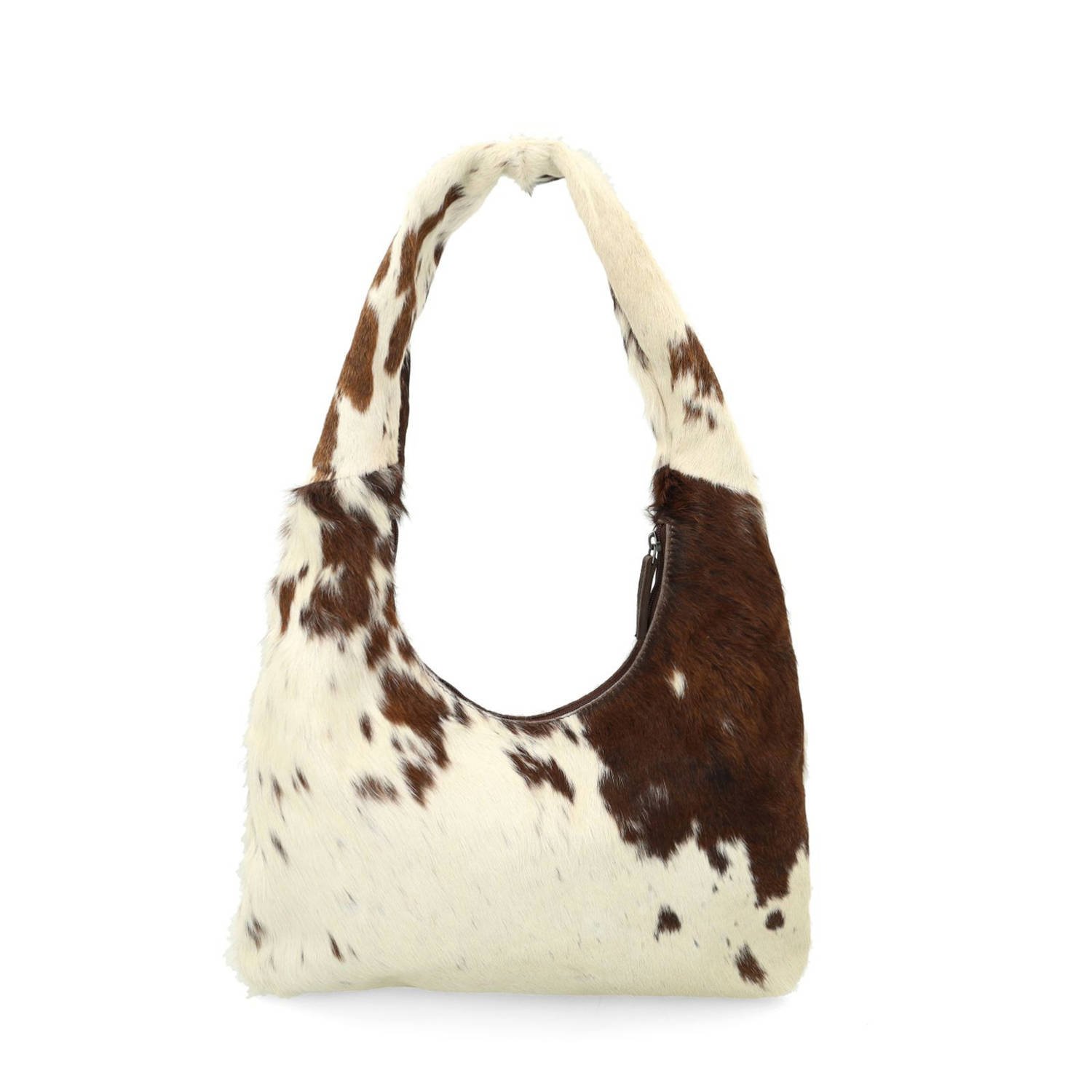 Manfield leren schoudertas met koeienprint bruin