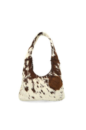 leren schoudertas met koeienprint bruin