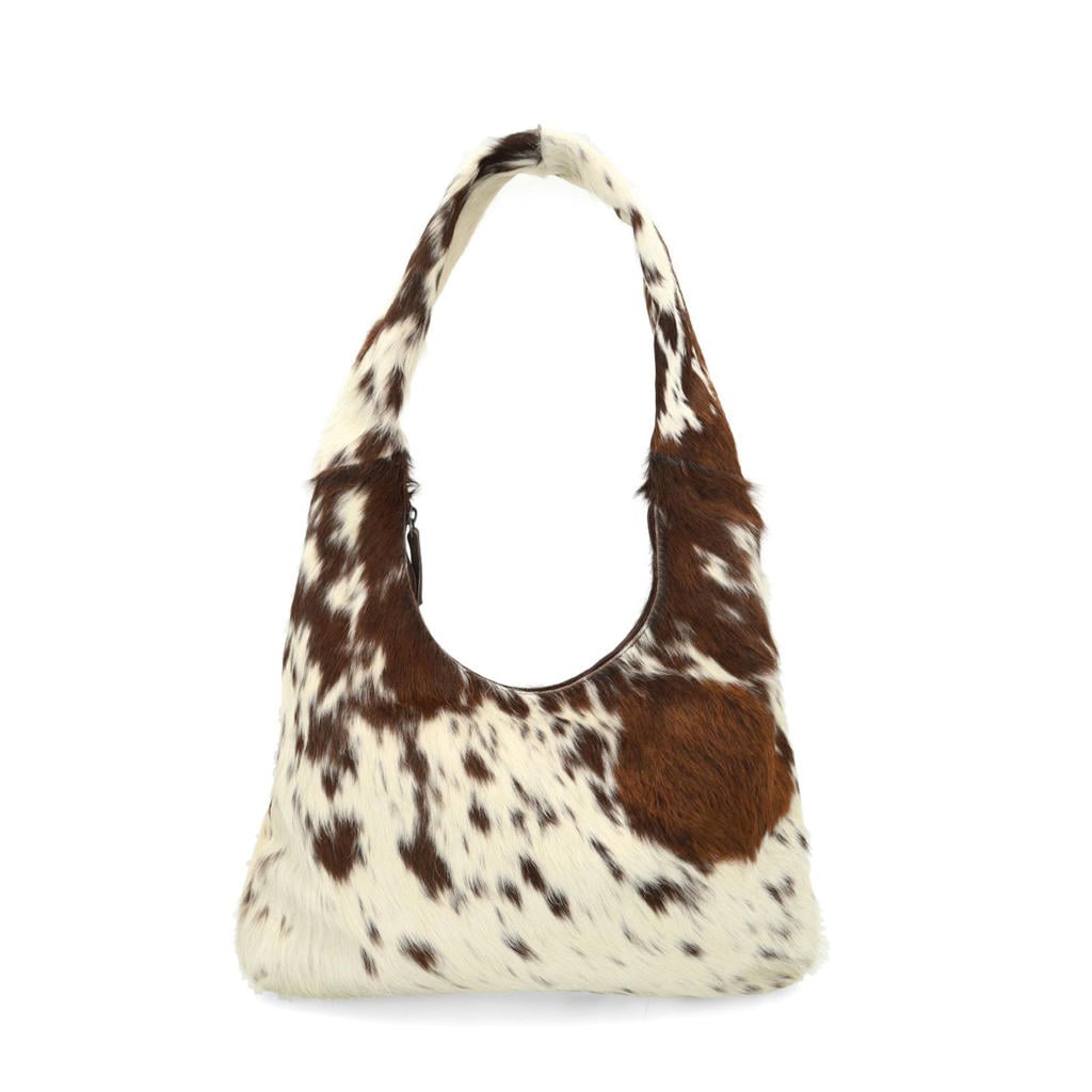 Manfield leren schoudertas met koeienprint bruin