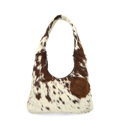 Manfield leren schoudertas met koeienprint bruin afbeelding
