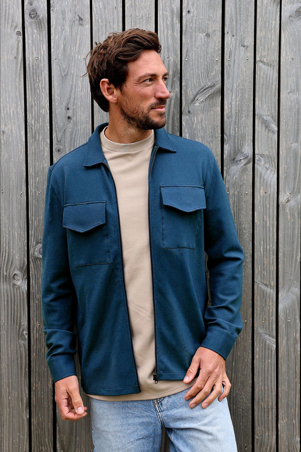 Petrolkleurige heren Kultivate overshirt met effen, lange mouwen, klassieke kraag en ritssluiting