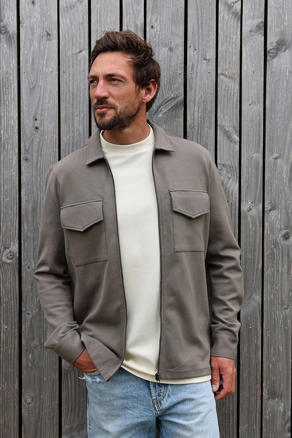 Taupe heren Kultivate overshirt met effen, lange mouwen, klassieke kraag en ritssluiting
