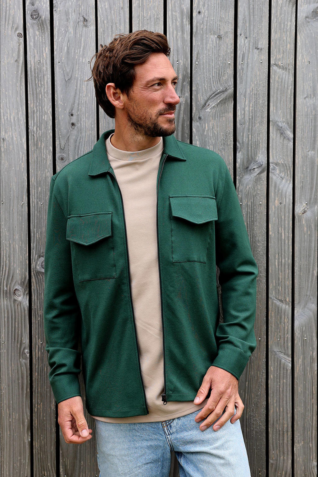 Groene heren Kultivate overshirt met effen, lange mouwen, klassieke kraag en ritssluiting