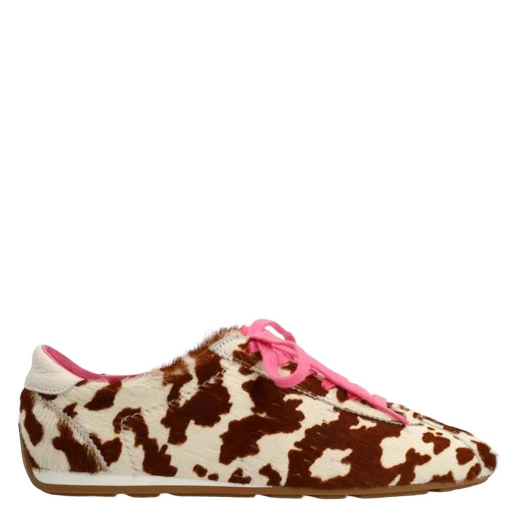 Cognac, ecru en roze dames Sacha sneakers van leer met veters en koeienprint