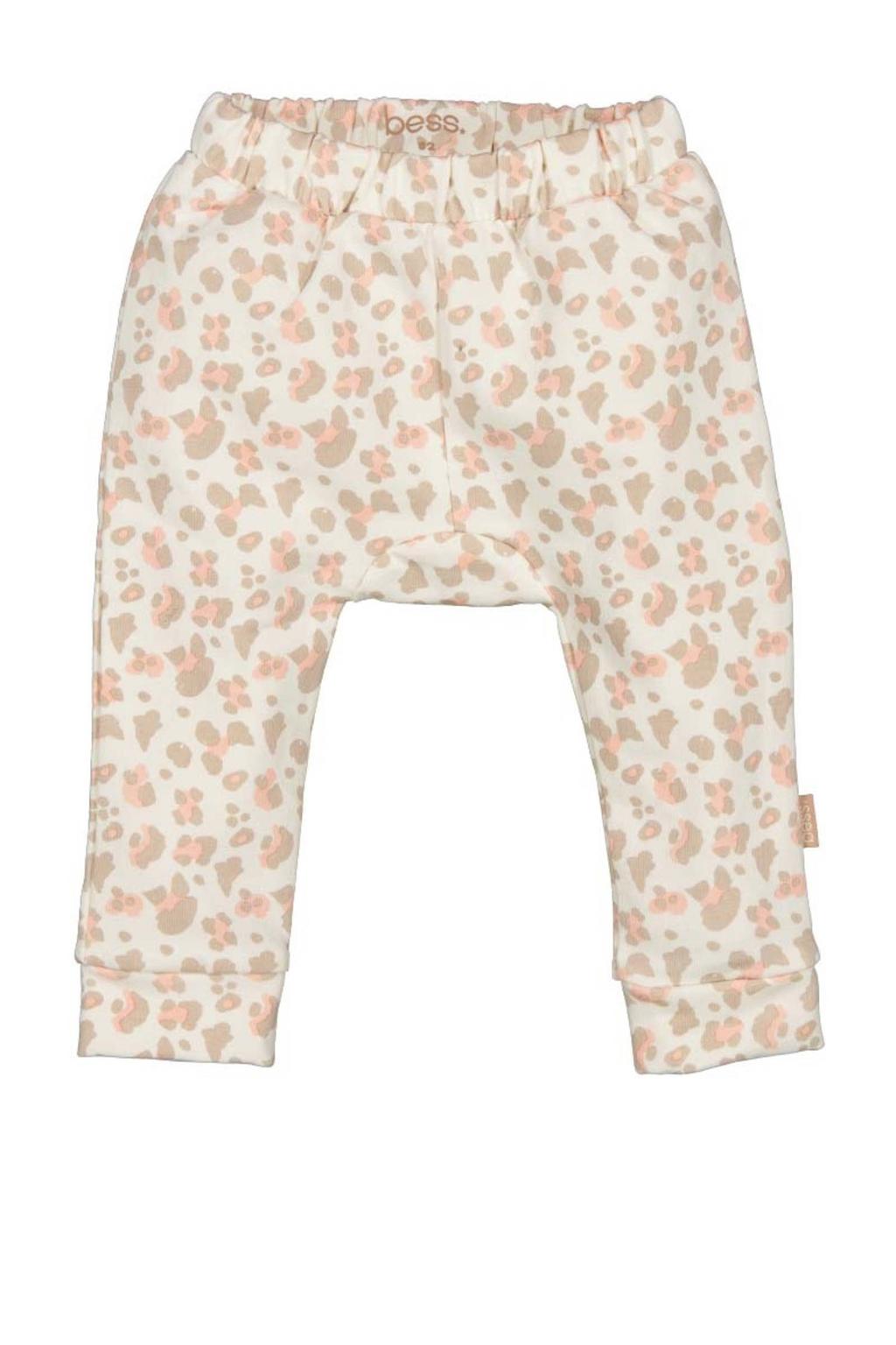 Beige en roze meisjes BESS regular casual broek van stretchkatoen met elastische tailleband en dierenprint