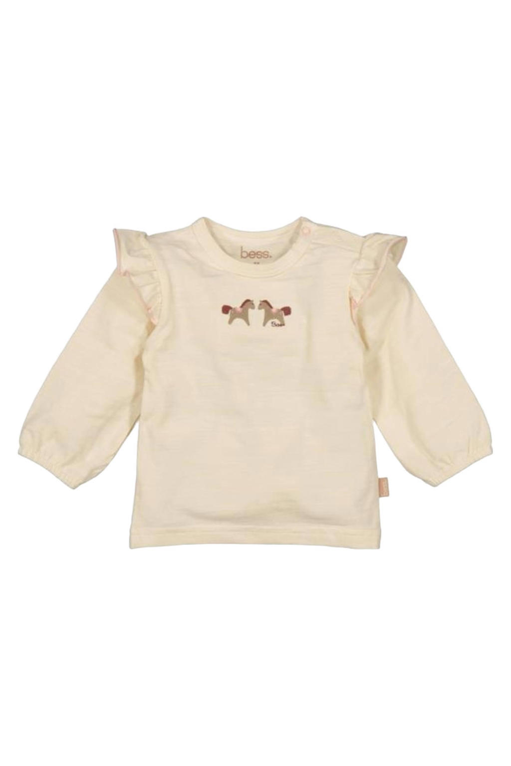 Beige meisjes BESS longsleeve van stretchkatoen met effen, lange mouwen, ronde hals, drukknoopsluiting en elastische boord