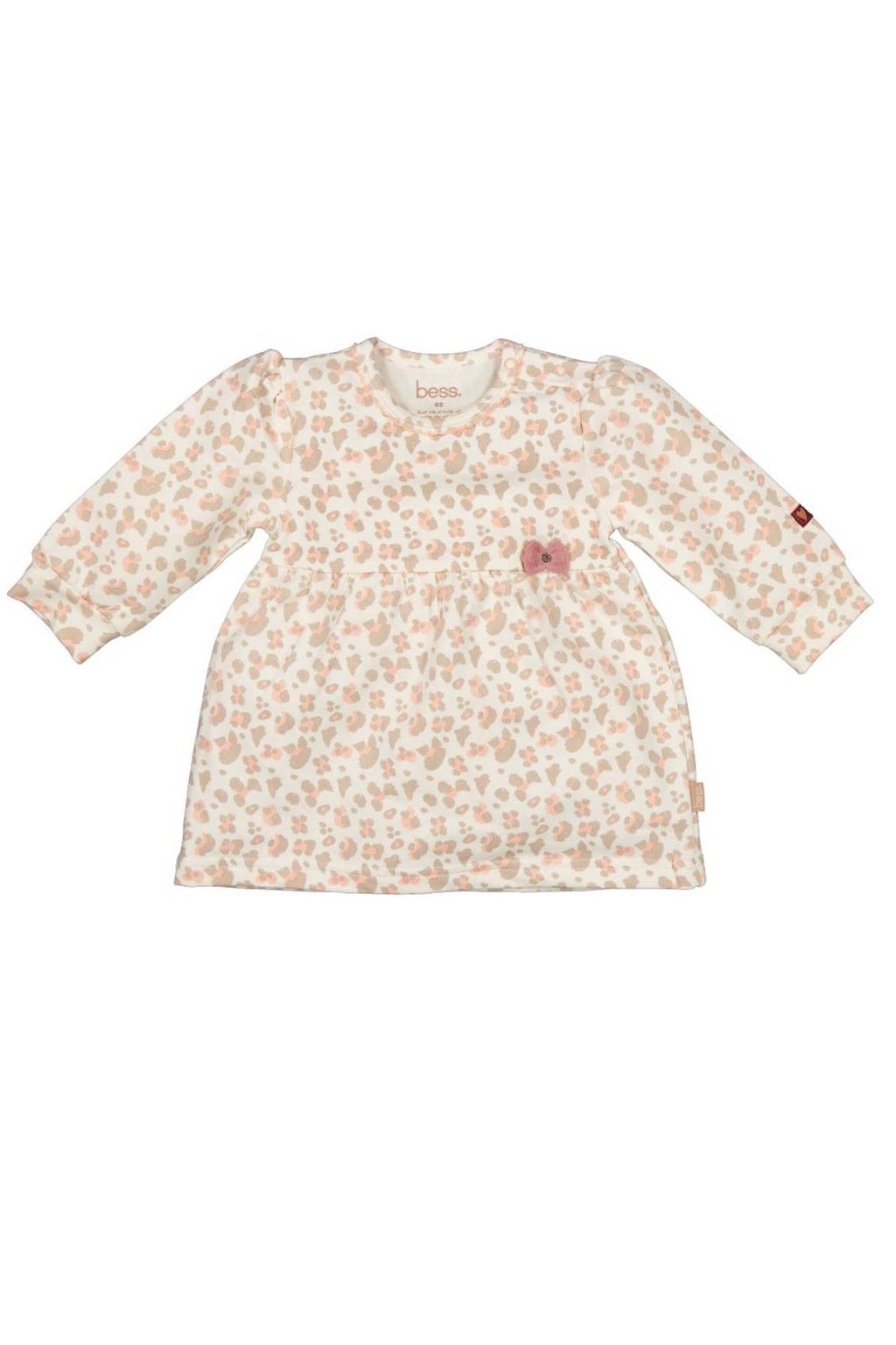 Beige en roze meisjes BESS korte jurk van stretchkatoen met dierenprint, lange mouwen, ronde hals en drukknoopsluiting