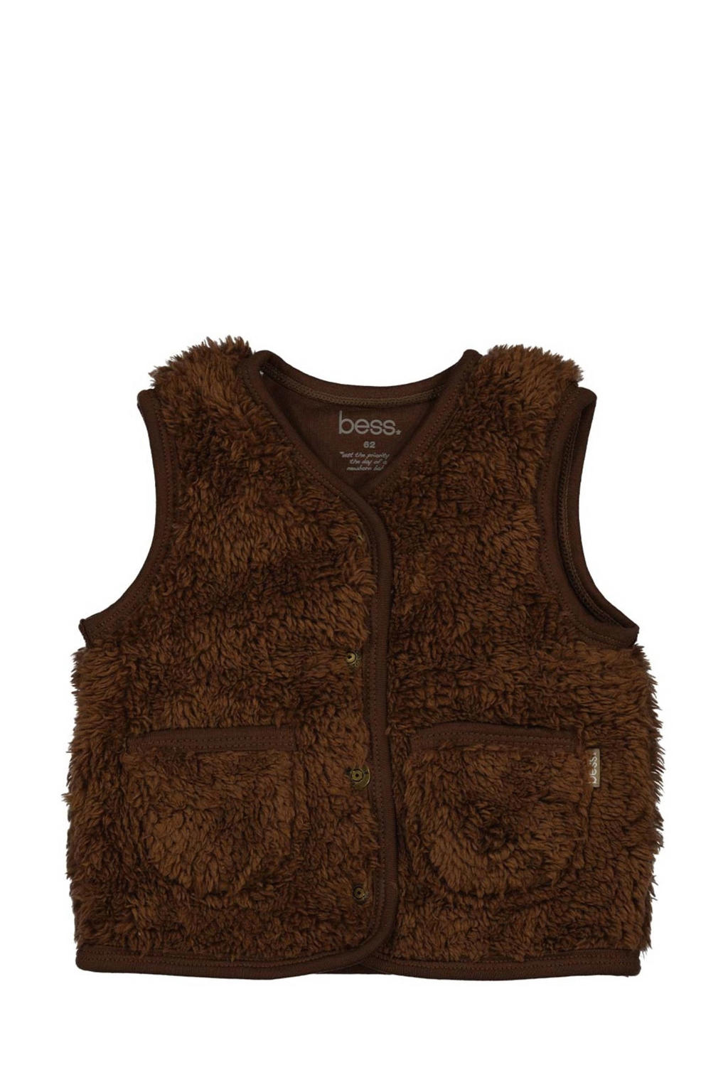Bruine meisjes BESS teddy bodywarmer met effen, lange mouwen, ronde hals en knoopsluiting