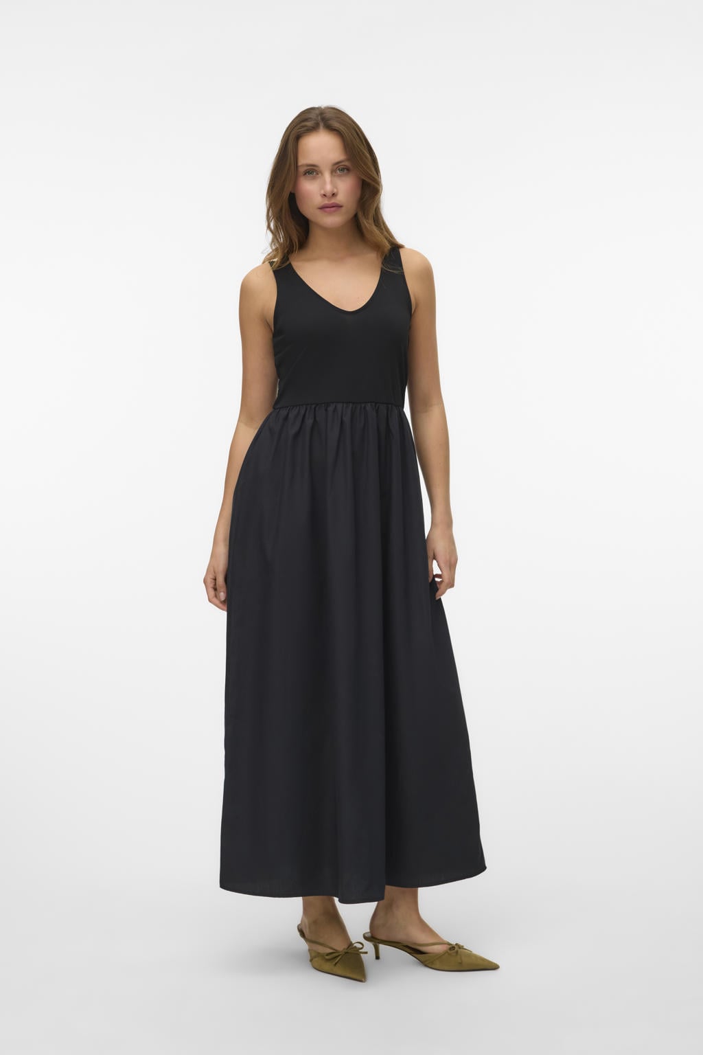 Zwarte dames VERO MODA midi jurk van polyester met effen, V-hals, striksluiting en strikje
