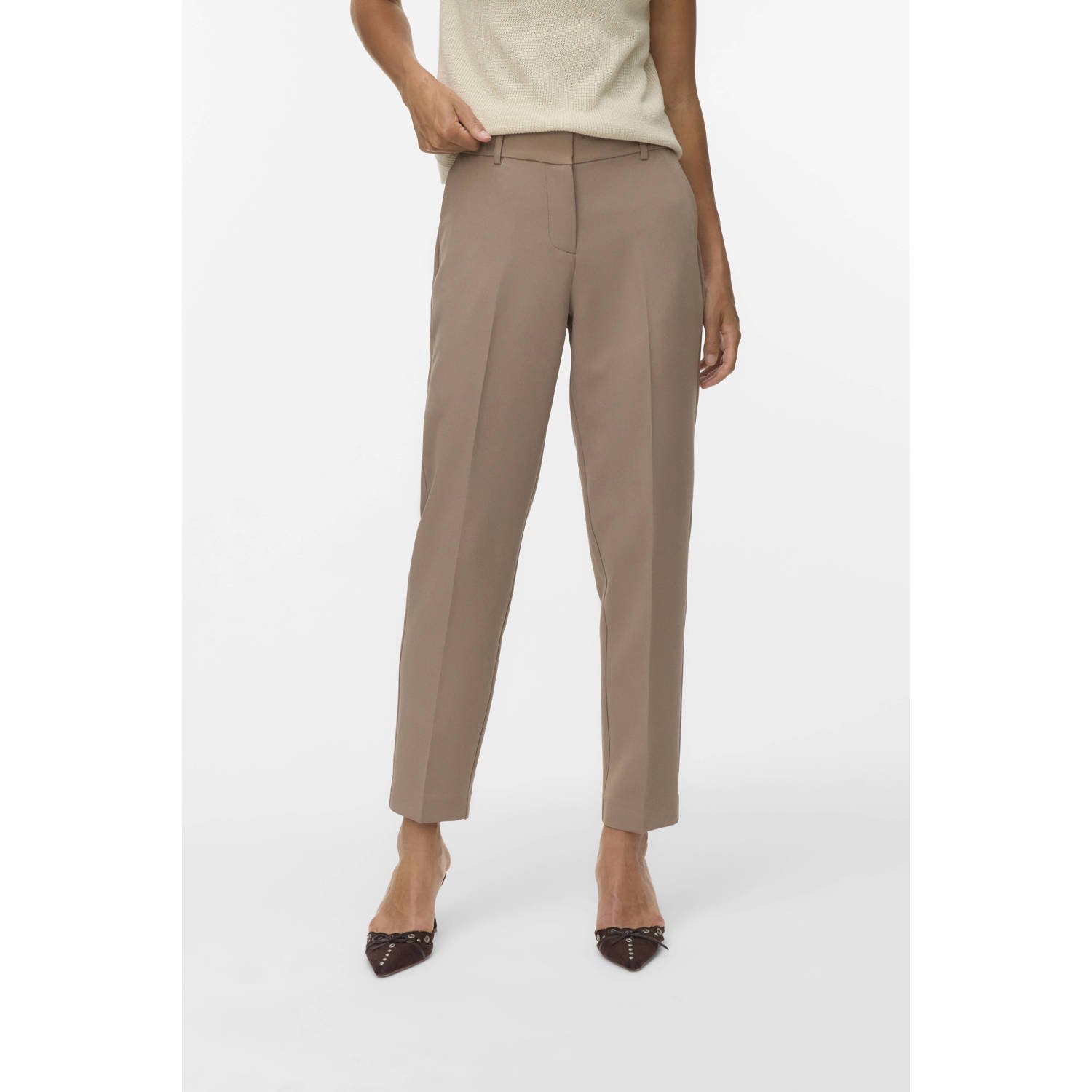 VERO MODA tapered regular waist broek lichtbruin