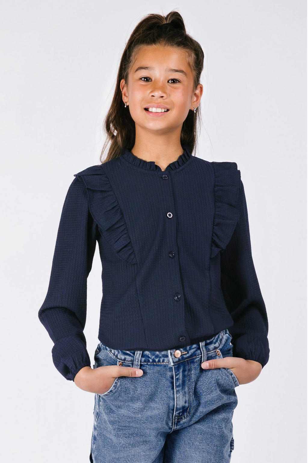 Blauwe meisjes B.Nosy blouse van polyester met effen, lange mouwen, opstaande kraag, knoopsluiting en schouderdetail