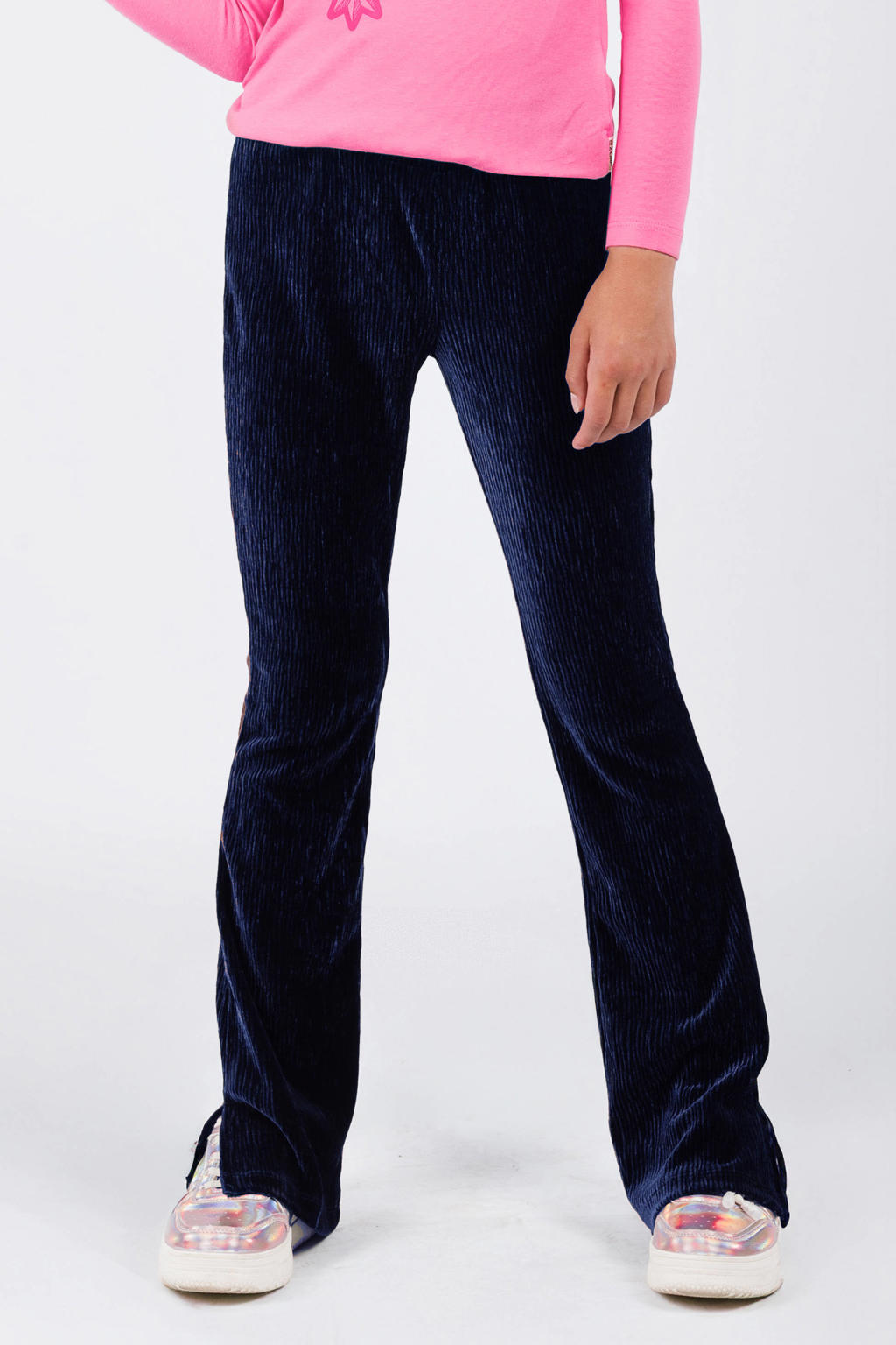 Donkerblauwe meisjes B.Nosy flared broek van polyester met regular waist, elastische tailleband en effen