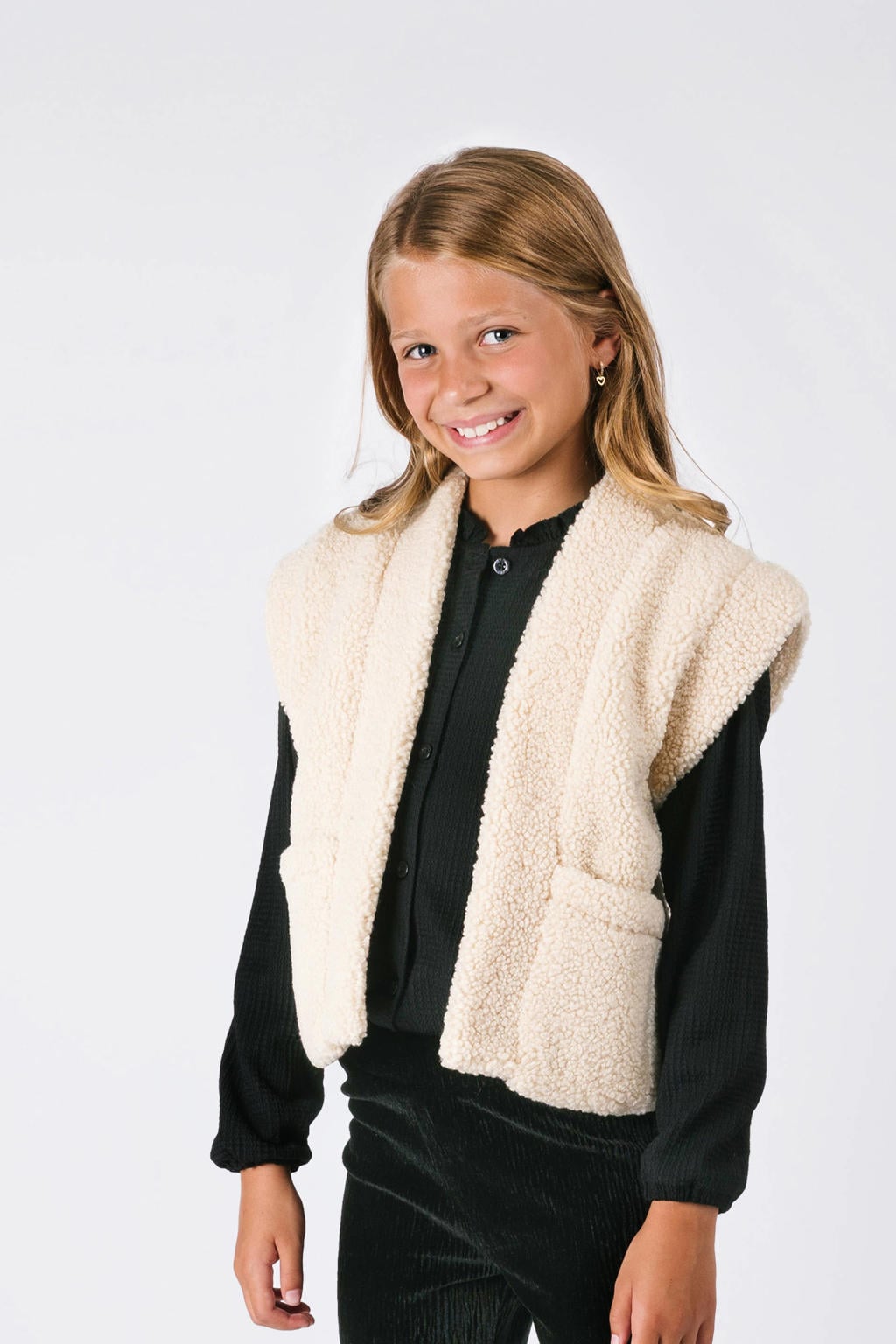 Ecru meisjes B.Nosy teddy gilet met effen en openvallende hals