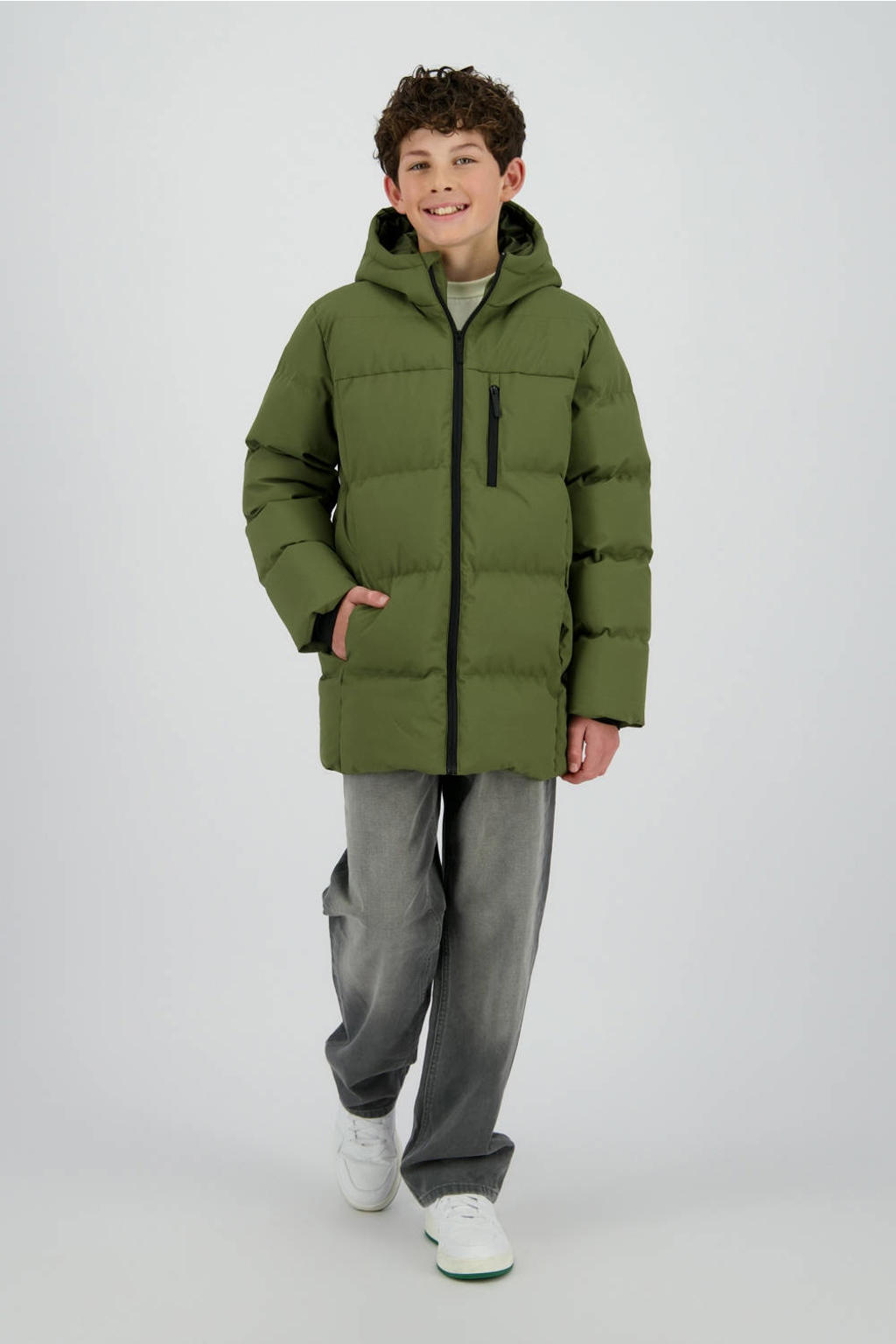 Donkergroene jongens Raizzed parka van polyester met effen, lange mouwen, capuchon en ritssluiting