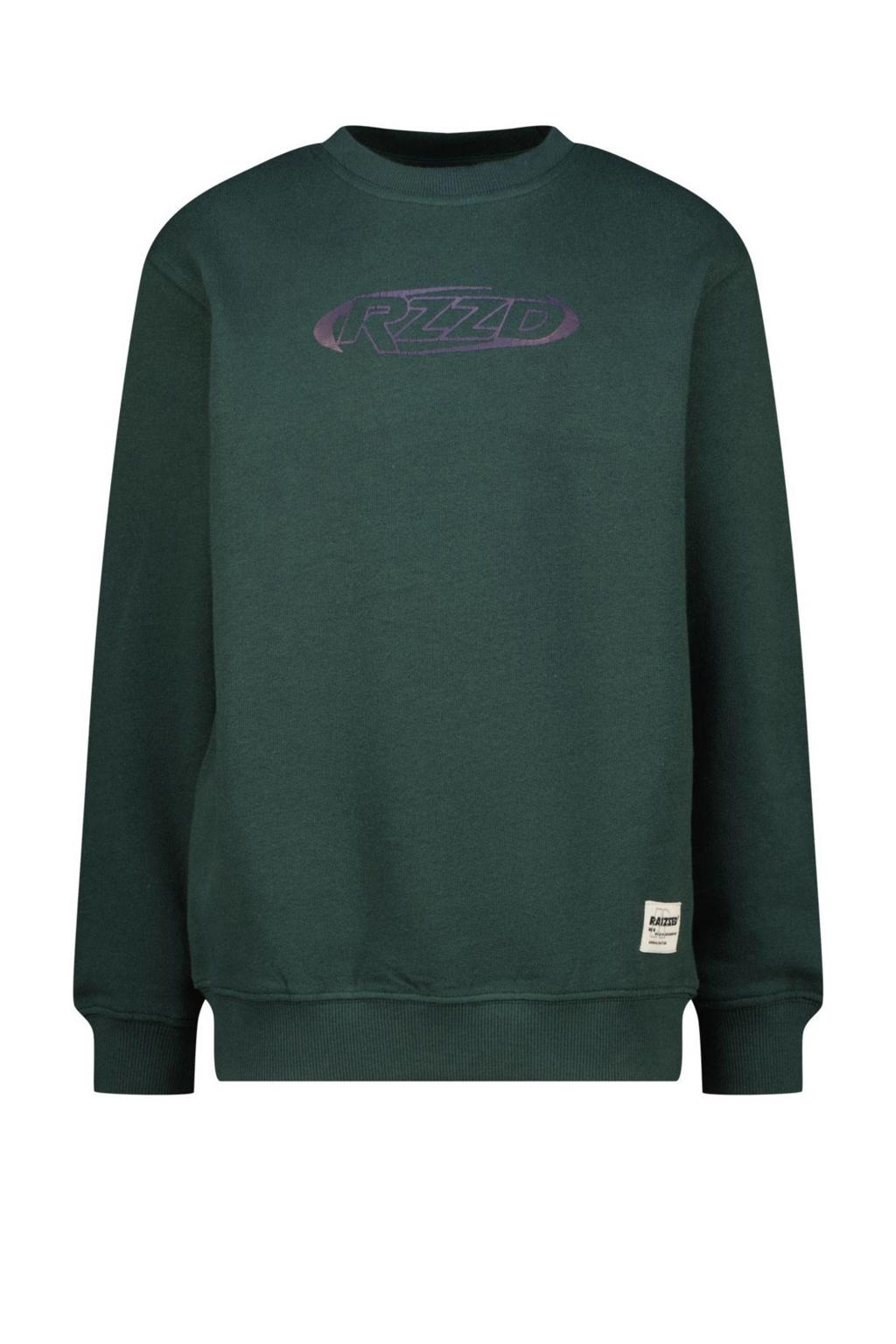 Donkergroene jongens Raizzed sweater van katoen met logo dessin, lange mouwen, ronde hals en geribde boorden