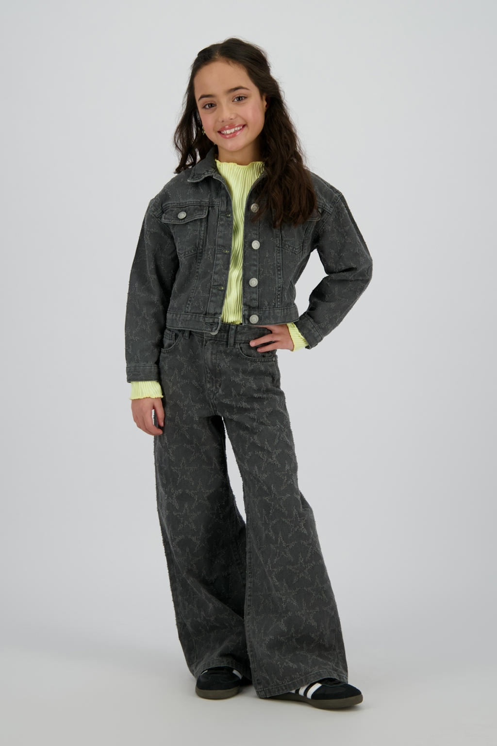 Grey denim meisjes Raizzed high waist wide leg jeans van katoen met rits- en knoopsluiting en sterrenprint