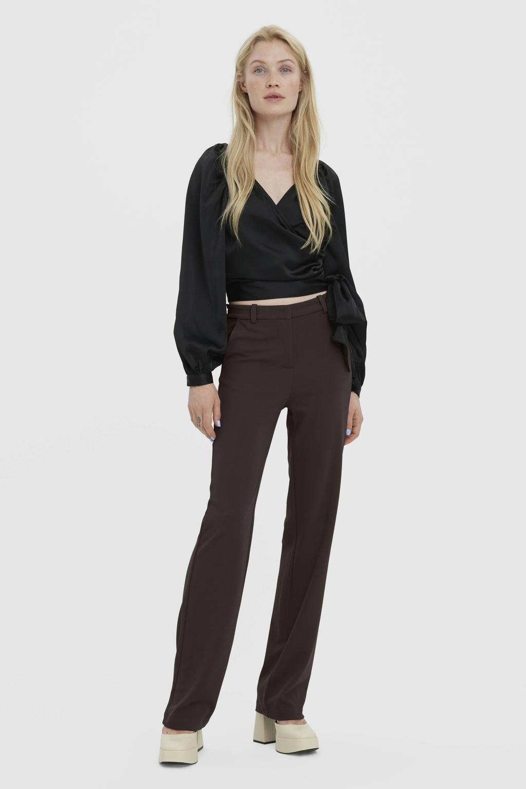 Bruine dames VERO MODA straight high waist pantalon van polyester met rits- en haaksluiting en effen