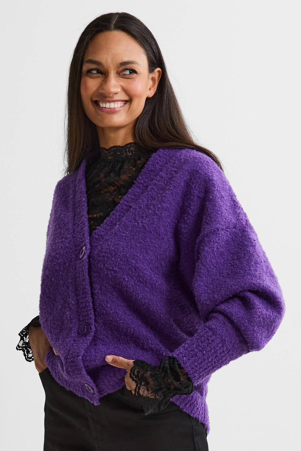 Paarse dames Anytime gebreide vest met effen, lange mouwen, V-hals en knoopsluiting