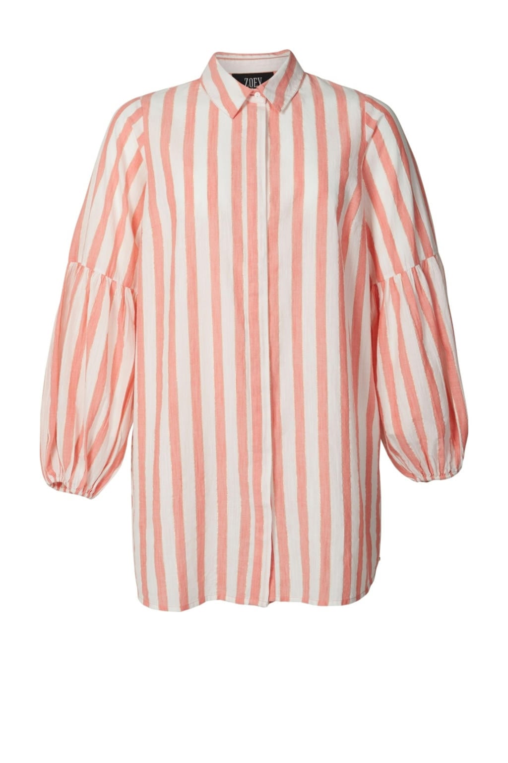 Roze en witte dames Zoey tuniek van katoen met strepenprint, lange mouwen, klassieke kraag en knoopsluiting