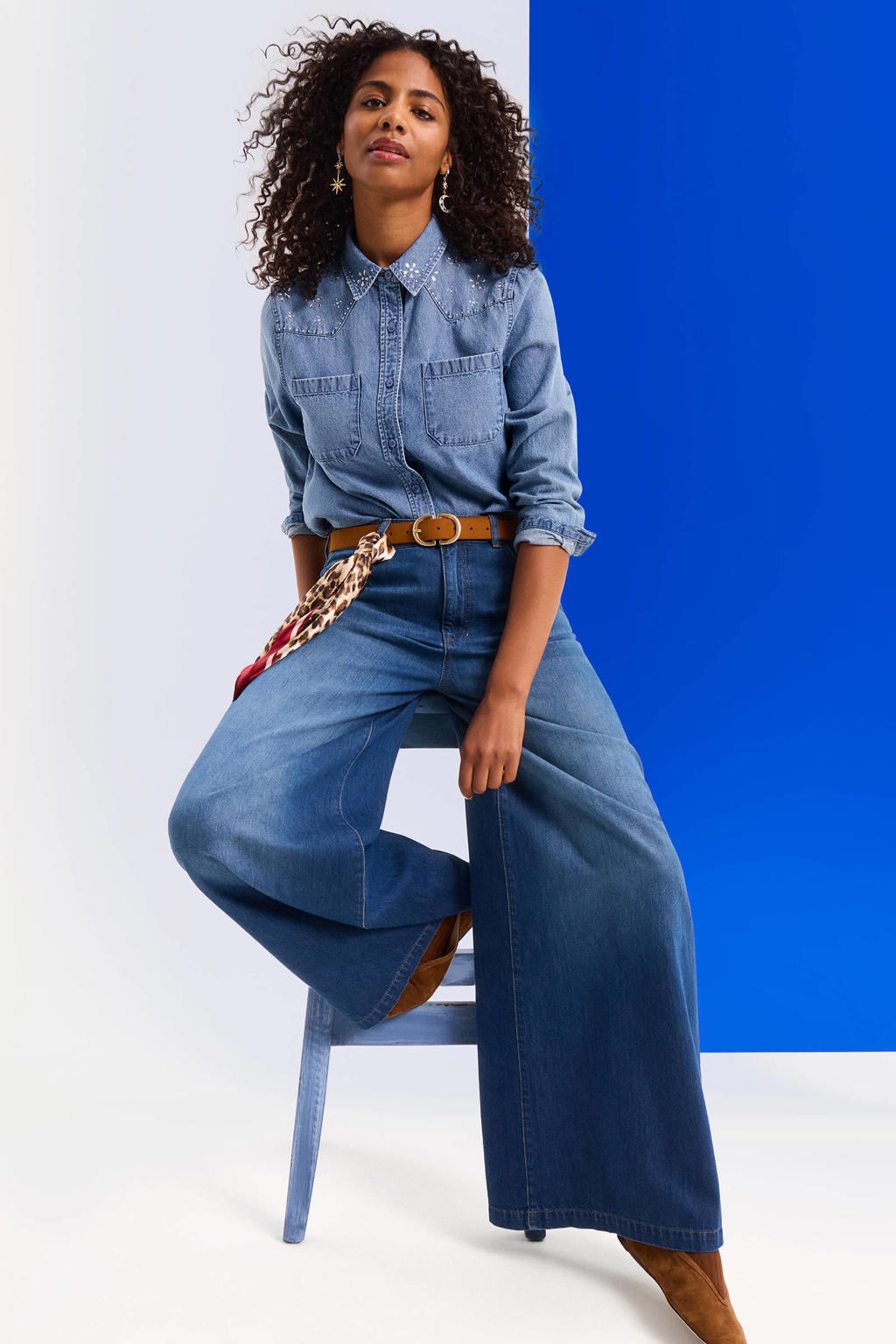 Medium blue denim dames Anytime palazzo wide leg jeans van denim met high waist, rits- en knoopsluiting en effen