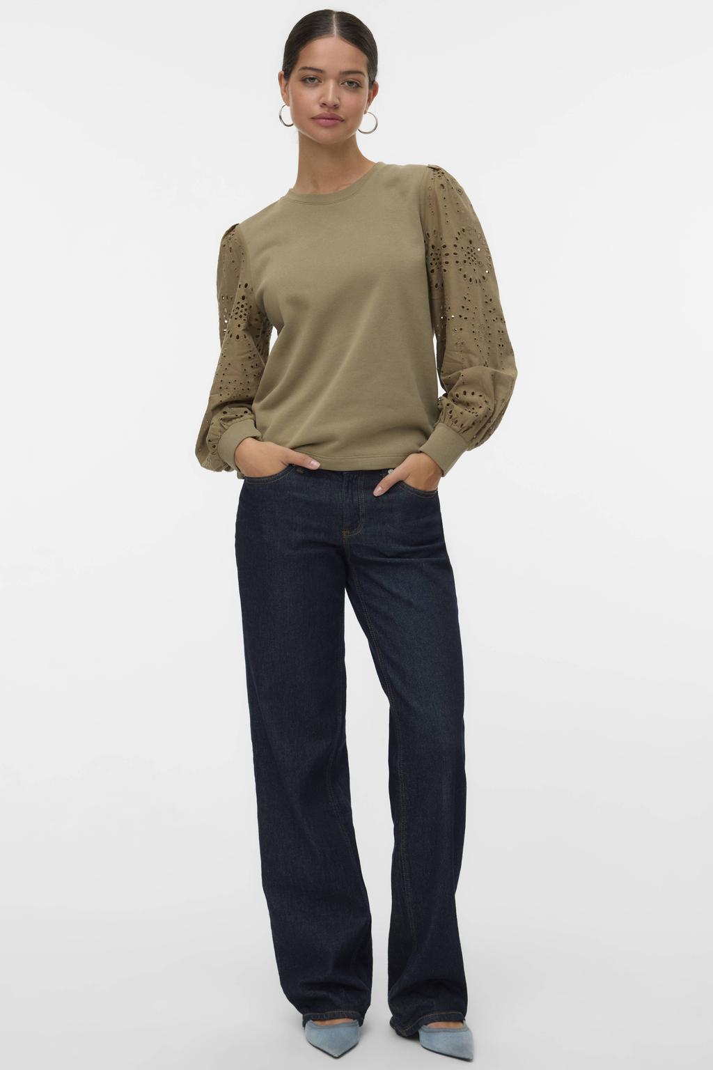 Groene dames VERO MODA pullover trui van katoen met effen, lange mouwen, ronde hals en open detail