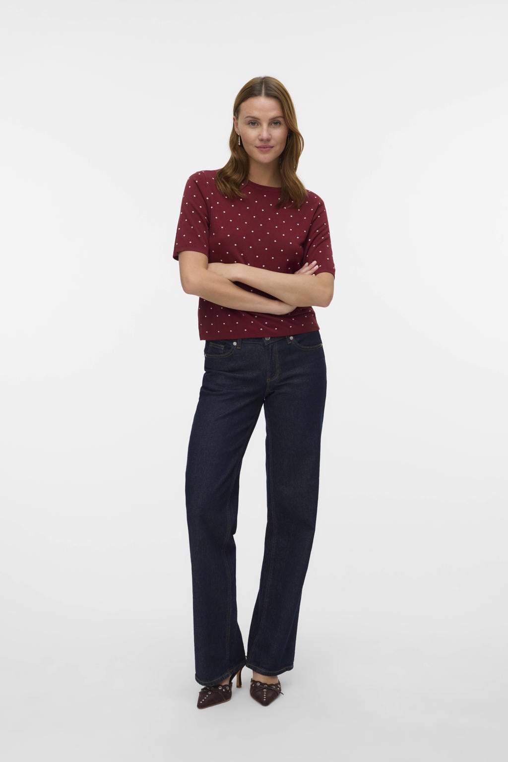 Rood en witte dames VERO MODA gebreide trui van viscose met stippenprint, korte mouwen en ronde hals