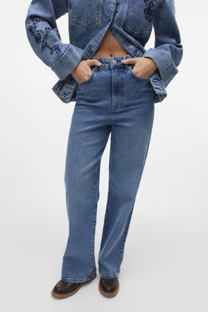high waist straight leg jeans medium blue denim