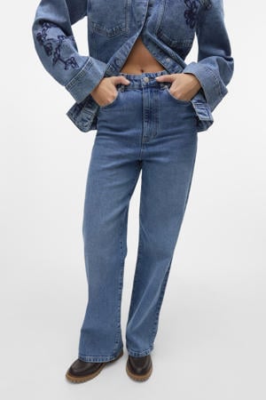 high waist straight leg jeans medium blue denim