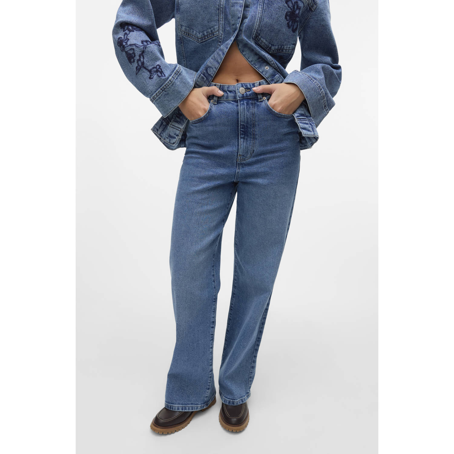 VERO MODA high waist straight leg jeans medium blue denim