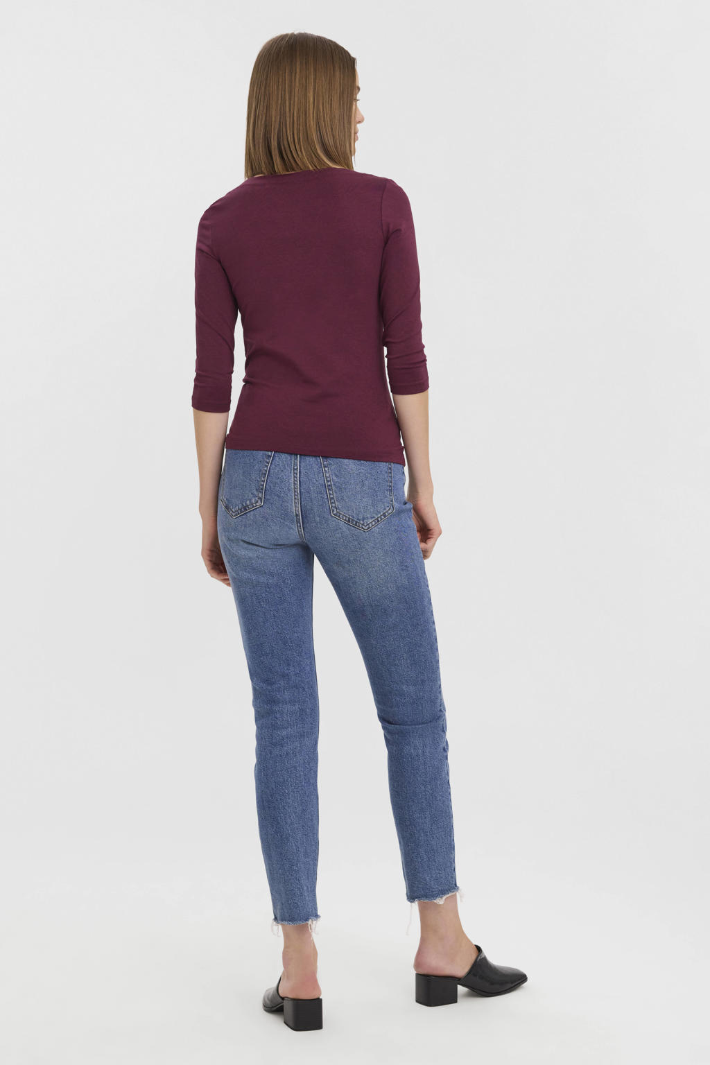 Donkerrode dames VERO MODA top met effen, driekwart mouwen en boothals