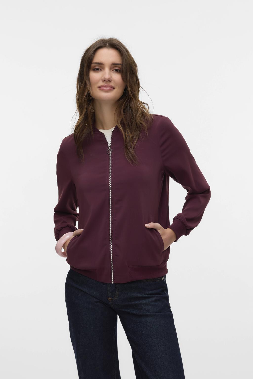 Donkerrode dames VERO MODA bomberjack van polyester met effen, lange mouwen, ronde hals en ritssluiting